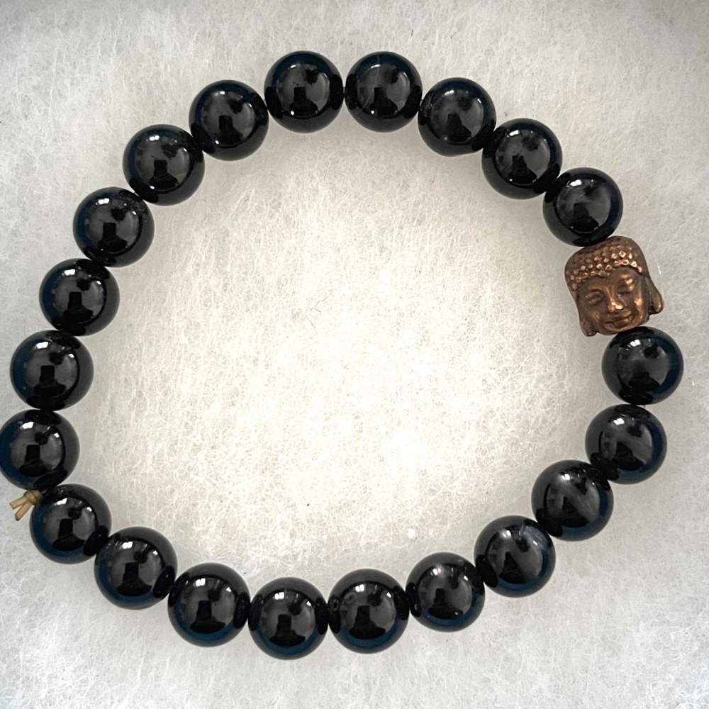 Black‎ Onyx Bead Stretch Bracelet with Copper Buddha Head Charm Zen Spiritual